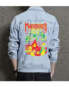 Retro Mario Denim Jacket for Men – Gaming Gift – Christmas Present - Light Blue - Main View
