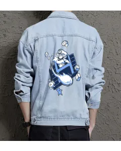 Retro Mario Denim Jacket for Men - Gift for Fans - Gaming Collection - Light Blue - Main View