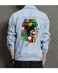 Retro Mario Denim Jacket for Men - Gift for Gamers - Birthday Present - Light Blue - Main View