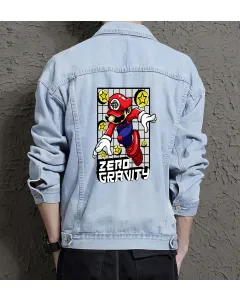 Retro Mario Denim Jacket for Men - Gift for Gamers - Classic Gaming Collection - Light Blue - Main View