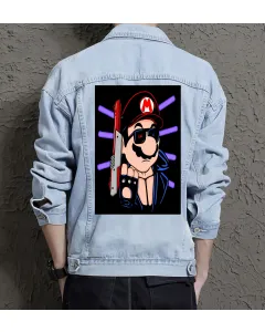 Retro Mario Denim Jacket for Men - Gift for Gamers - Christmas Present - Light Blue - Main View