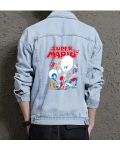 Retro Mario Denim Jacket for Men - Gift for Gamers - Christmas Gift - Light Blue - Main View