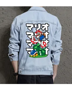 Retro Mario Denim Jacket for Men - Gift for Gamers - Gaming Enthusiast Birthday Gift - Light Blue - Main View