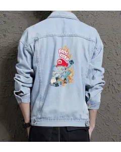 Retro Mario Denim Jacket for Men - Gift for Gamers - Retro Gaming Enthusiast - Light Blue - Main View