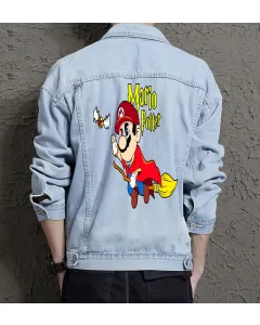 Retro Mario Denim Jacket for Men – Gift for Gamers – Video Game Enthusiast - Light Blue - Main View