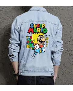 Retro Mario Denim Jacket for Men - Gift for Gaming Enthusiasts - Christmas Present - Light Blue - Main View