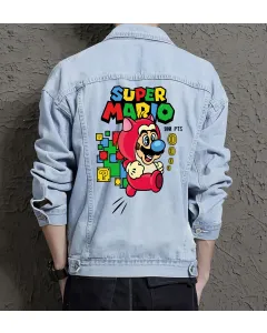 Retro Mario Denim Jacket for Men – Gift for Nintendo Fans – Christmas Present - Light Blue - Main View