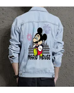 Retro Mario Denim Jacket for Men - Gift for Nintendo Fans - Christmas Gift - Light Blue - Main View