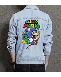 Retro Mario Denim Jacket for Men – Gift for Nintendo Fans – Christmas Gift - Light Blue - Main View