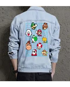 Retro Mario Denim Jacket for Men – Gift for Video Game Fans – Christmas Gift - Light Blue - Main View