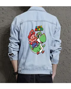 Retro Mario Denim Jacket for Men – Gift for Video Game Fans – Christmas Gift - Light Blue - Main View