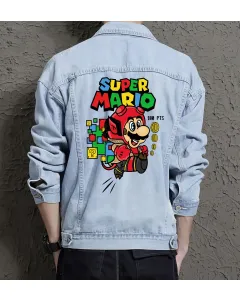 Retro Mario Denim Jacket for Men - Gift for Video Game Fans - Christmas Gift - Light Blue - Main View
