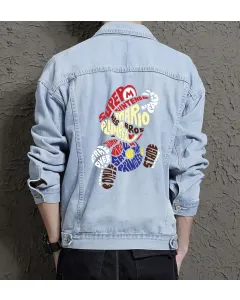 Retro Mario Denim Jacket for Men - Perfect Gift for Video Game Enthusiasts - Christmas Present - Light Blue - Main View