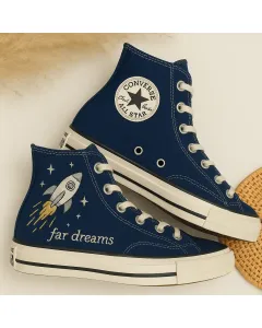 Rocket Dreams Navy Sneakers for Space Enthusiasts, Kids, and Trendsetters – Unique Design for Everyday Wear, Playdates - Custom Embroidered - Main View