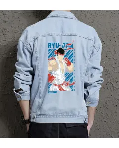 Ryu-jpn Street Fighter Denim Jacket - Stylish Gift for Gamers - Men's Retro Outerwear - Birthday Present - Light Blue - Main View