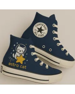 Space Cat Astronaut Sneakers for Pet Lovers, Space Enthusiasts – Unique Design for Casual Outings, Everyday Wear - Custom Embroidered - Main View