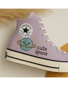 Space Embroidered Lavender Sneakers for Trendy Teens, Fashionistas – Unique Style for Casual Outings, Everyday Wear - Custom Embroidered - Main View