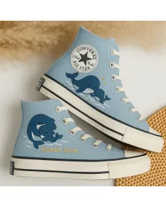 Stylish Ocean Print Sneakers for Women Beach Lovers – Comfortable & Trendy for Casual Outings, Vacation - Custom Embroidered - Main View
