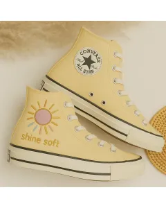 Sun Embroidered Yellow Canvas Sneakers for Trendsetters, Fashionistas, Summer Lovers – Stand Out in Style for Casual Outings, Beach Trips - Custom Embroidered - Main View
