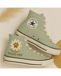 Sunflower Embroidered Sage Green Sneakers for Women – Stylish and Unique Footwear for Casual Outings, Festivals - Custom Embroidered - Main View