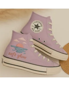 Sunset Embroidered Lavender Sneakers for Women, Fashionistas, Trendsetters – Unique Design for Casual Outings, Festivals - Custom Embroidered - Main View