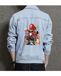 Supper Payaso Biker Denim Jacket - Retro Gaming Gift - Stylish Men's Outerwear - Birthday Present - Light Blue - Main View