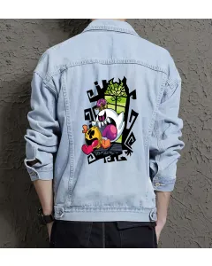 Supper Payaso Denim Jacket - Retro Gamer Gift - Trendy Outerwear for Men - Father's Day Present - Light Blue - Main View