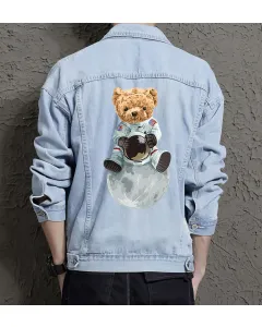Teddy Astronaut Jean Jacket for Men – Gift for Streetwear Fans – Christmas Gift - Light Blue - Main View