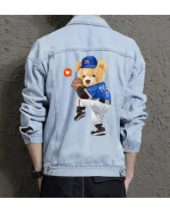 Teddy Baseball Jean Jacket for Men – Gift for Teen Boys – Christmas Gift - Light Blue - Main View