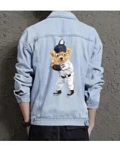 Teddy Baseball Jean Jacket for Men – Gift for Teen Boys – Birthday Present - Light Blue - Main View