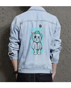 Teddy Bear Jean Jacket for Men – Gift for Streetwear Fans – Christmas Gift - Light Blue - Main View