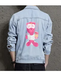 Teddy Bear Jean Jacket for Men – Gift for Streetwear Fans – Birthday Present - Light Blue - Main View