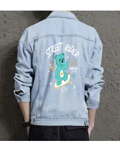 Teddy Bear Jean Jacket for Men – Gift for Streetwear Fans – Christmas Gift - Light Blue - Main View