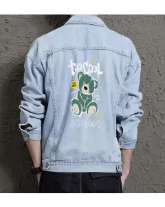 Teddy Bear Jean Jacket for Men – Gift for Streetwear Fans – Birthday Present - Light Blue - Main View