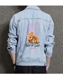 Teddy Bear Jean Jacket for Men – Gift for Streetwear Fans – Christmas Gift - Light Blue - Main View