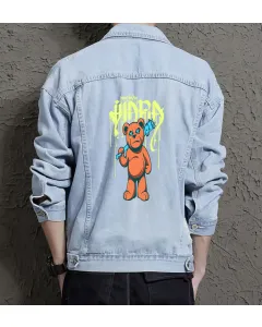 Teddy Bear Jean Jacket for Men – Gift for Streetwear Fans – Christmas Gift - Light Blue - Main View