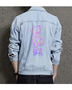 Teddy Bear Jean Jacket for Men – Gift for Streetwear Fans – Christmas Gift - Light Blue - Main View