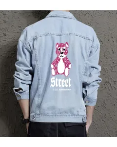 Teddy Bear Jean Jacket for Men – Gift for Streetwear Fans – Birthday Present - Light Blue - Main View