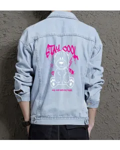 Teddy Bear Jean Jacket for Men – Gift for Streetwear Fans – Christmas Gift - Light Blue - Main View