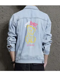 Teddy Bear Jean Jacket for Men – Gift for Streetwear Fans – Holiday Gift - Light Blue - Main View