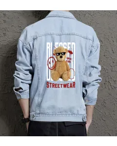 Teddy Bear Jean Jacket for Men – Gift for Streetwear Fans – Birthday Present - Light Blue - Main View