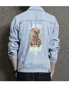 Teddy Bear Jean Jacket for Men – Gift for Streetwear Fans – Christmas Gift - Light Blue - Main View