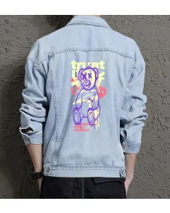 Teddy Bear Jean Jacket for Men – Gift for Streetwear Fans – Christmas Gift - Light Blue - Main View