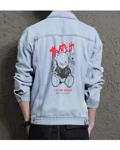 Teddy Bear Jean Jacket for Men – Gift for Streetwear Fans – Christmas Gift - Light Blue - Main View