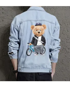 Teddy Bike Jean Jacket for Men – Gift for Teen Boys – Christmas Gift - Light Blue - Main View