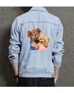Teddy Couple Selfie Jean Jacket for Men – Gift for Boyfriends – Christmas Gift - Light Blue - Main View