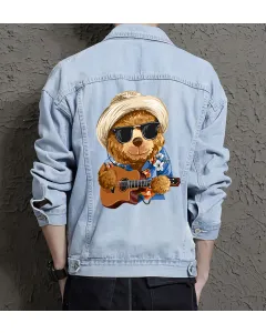 Teddy Guitar Jean Jacket for Men – Gift for Music Fans – Birthday Present - Light Blue - Main View