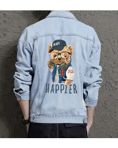 Teddy Happier Jean Jacket for Men – Gift for Streetwear Fans – Birthday Present - Light Blue - Main View