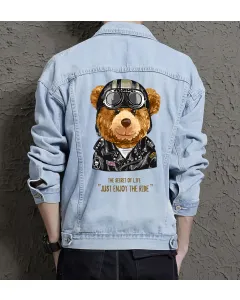 Teddy Just Enjoy the Ride Jean Jacket for Men – Gift for Streetwear Fans – Birthday Present - Light Blue - Main View