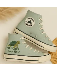 Trendy Turtle Design Sage Green Sneakers for Women and Animal Lovers – Unique Style for Casual Outings, Nature Walks - Custom Embroidered - Main View